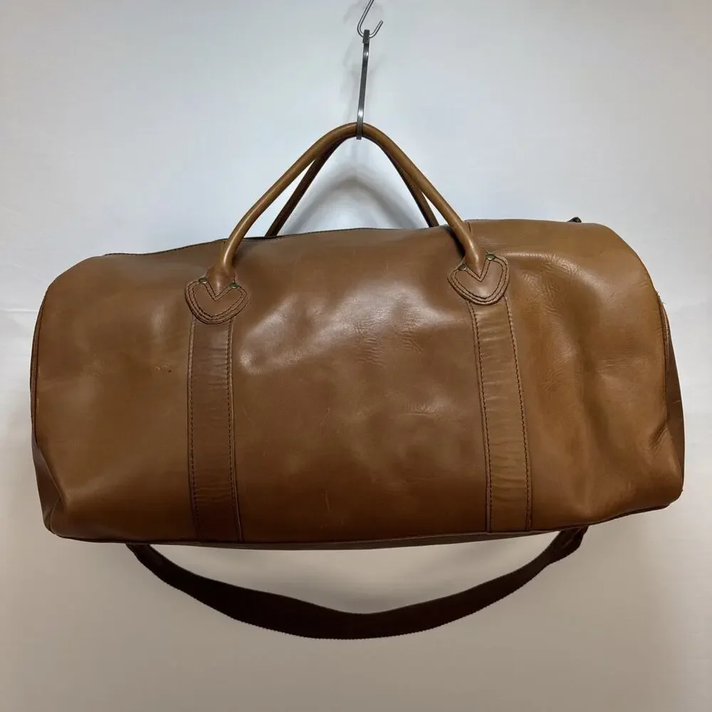 L.L. Bean Signature Cognac Brown Leather‎ Travel Duffle Weekender Canvas Lined